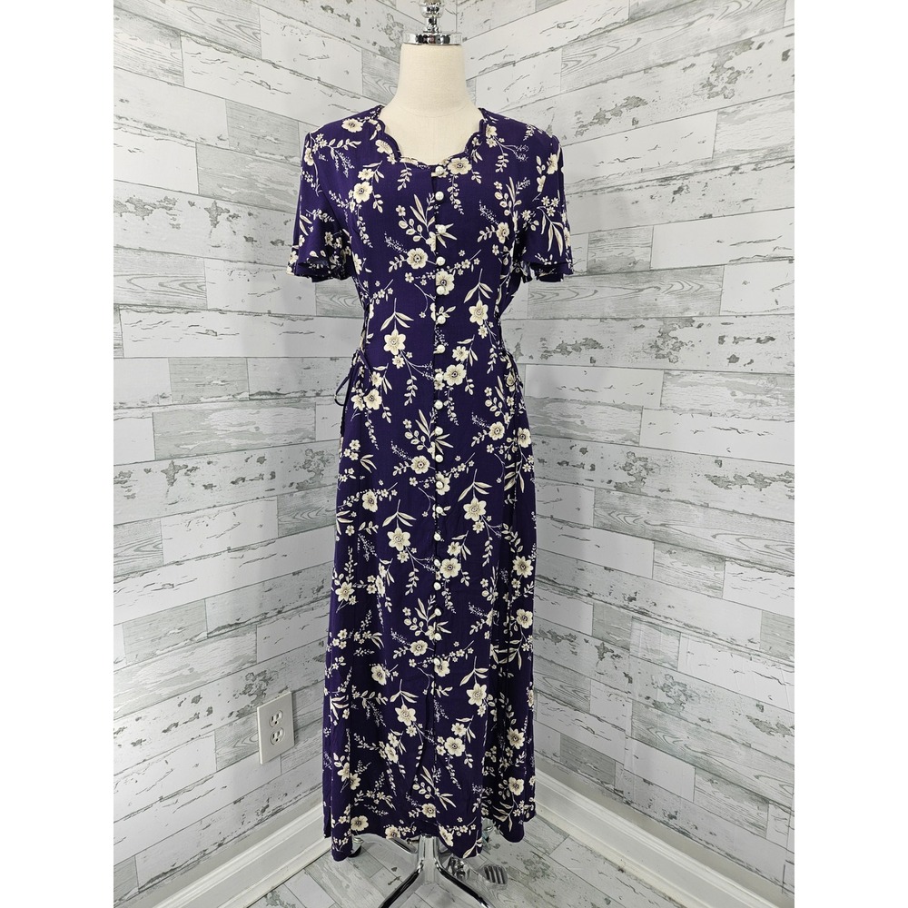 Vintage Purple Floral Maxi Dress Pearl Button Front Cottagecore Short Sleeve L